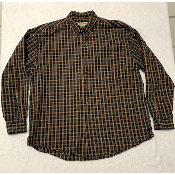 Eddie Bauer Orange Blue Plaid Button-Down Thick Shirt Mens Size XL - Picture 1 of 8